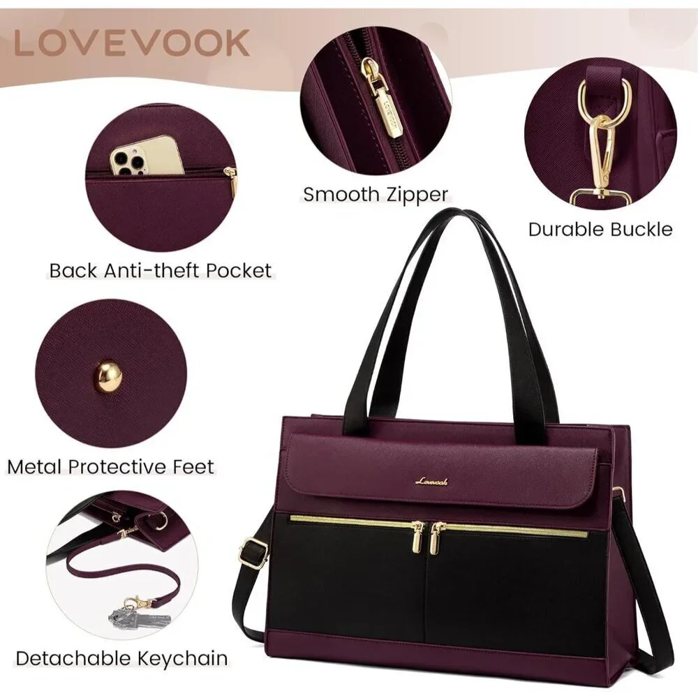 Women Laptop Tote Bag 15.6 Inch Leather Waterproof Organizer Work Office